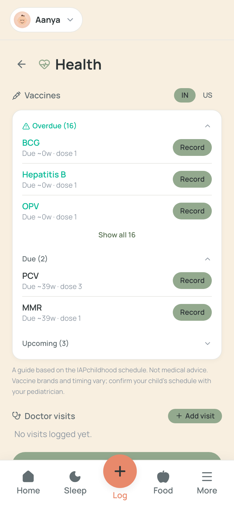 Health page with region-aware vaccine schedule