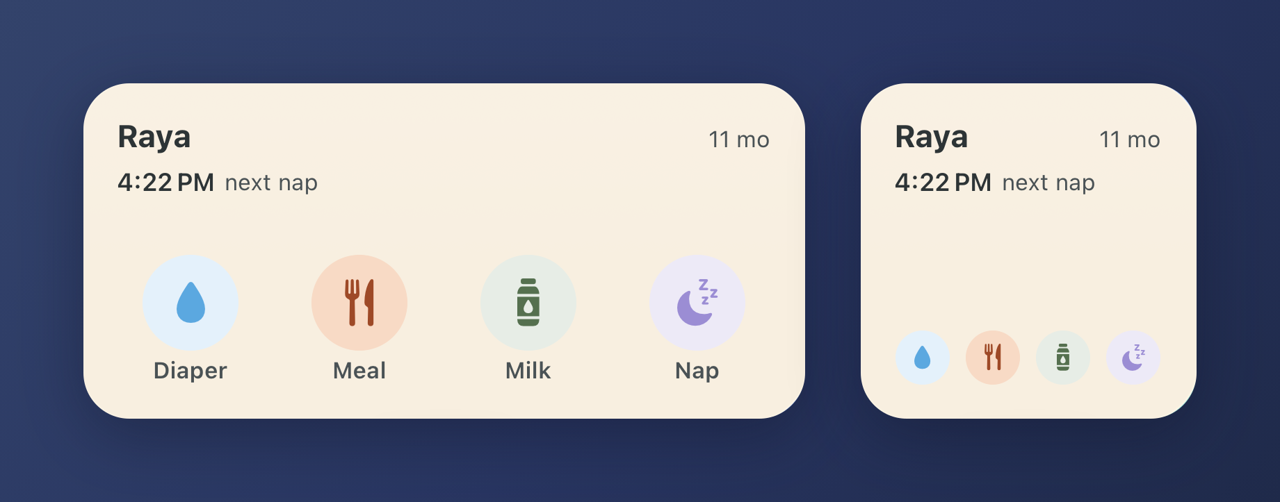 The munmun home-screen widget in two sizes on a navy background: the baby's name, age and "4:22 PM next nap", above one-tap Diaper, Meal, Milk and Nap buttons