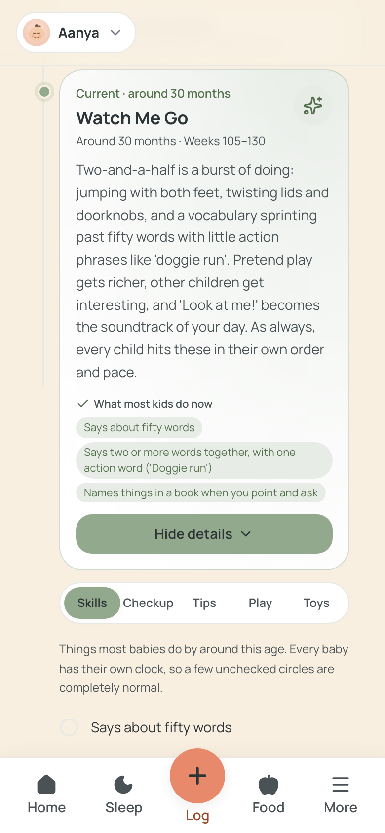 The milestone timeline for a two-and-a-half-year-old: a "Watch Me Go" checkpoint card marked Current, around 30 months, with skill pills like "Says about fifty words" and a Skills · Checkup · Tips · Play · Toys pill row